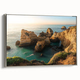 Framed canvas artwork depicting a stunning landscape of cliffs in silver frame, showcasing vibrant colors and intricate details, ideal for home decor.