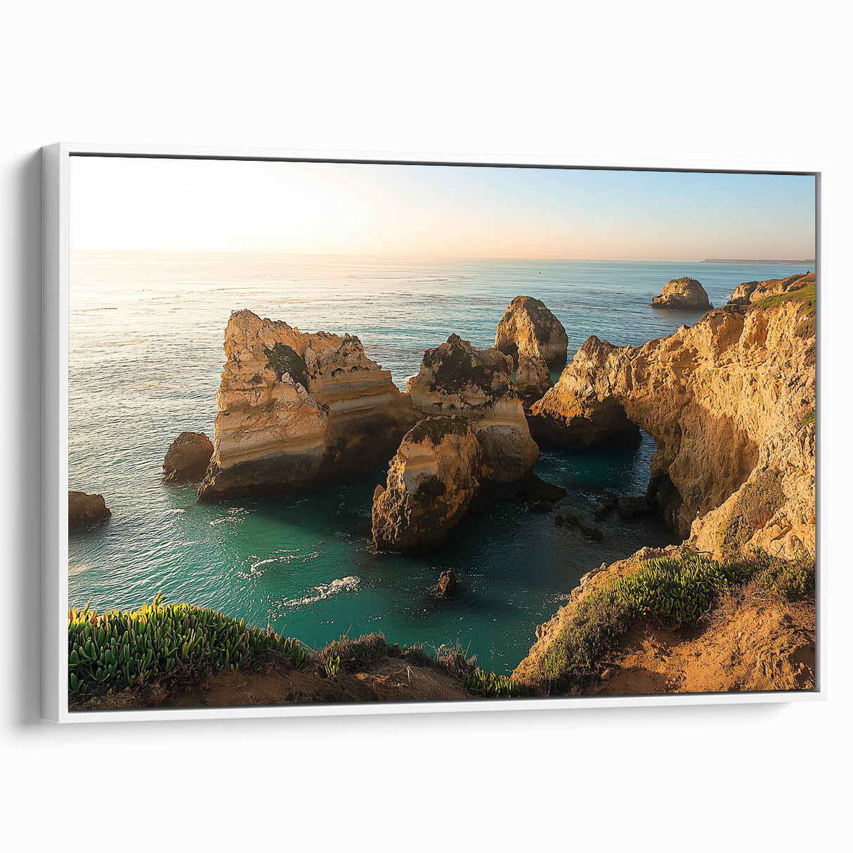 Framed canvas artwork depicting dramatic cliffs and serene landscapes, showcasing vibrant colors and intricate details, designed to enhance modern home decor.