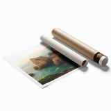 Stunning landscape print showcasing dramatic cliffs against a vibrant sunset, rolled and packaged in a protective tube for easy shipping and display. Perfect for home decor enthusiasts seeking nature-inspired art.