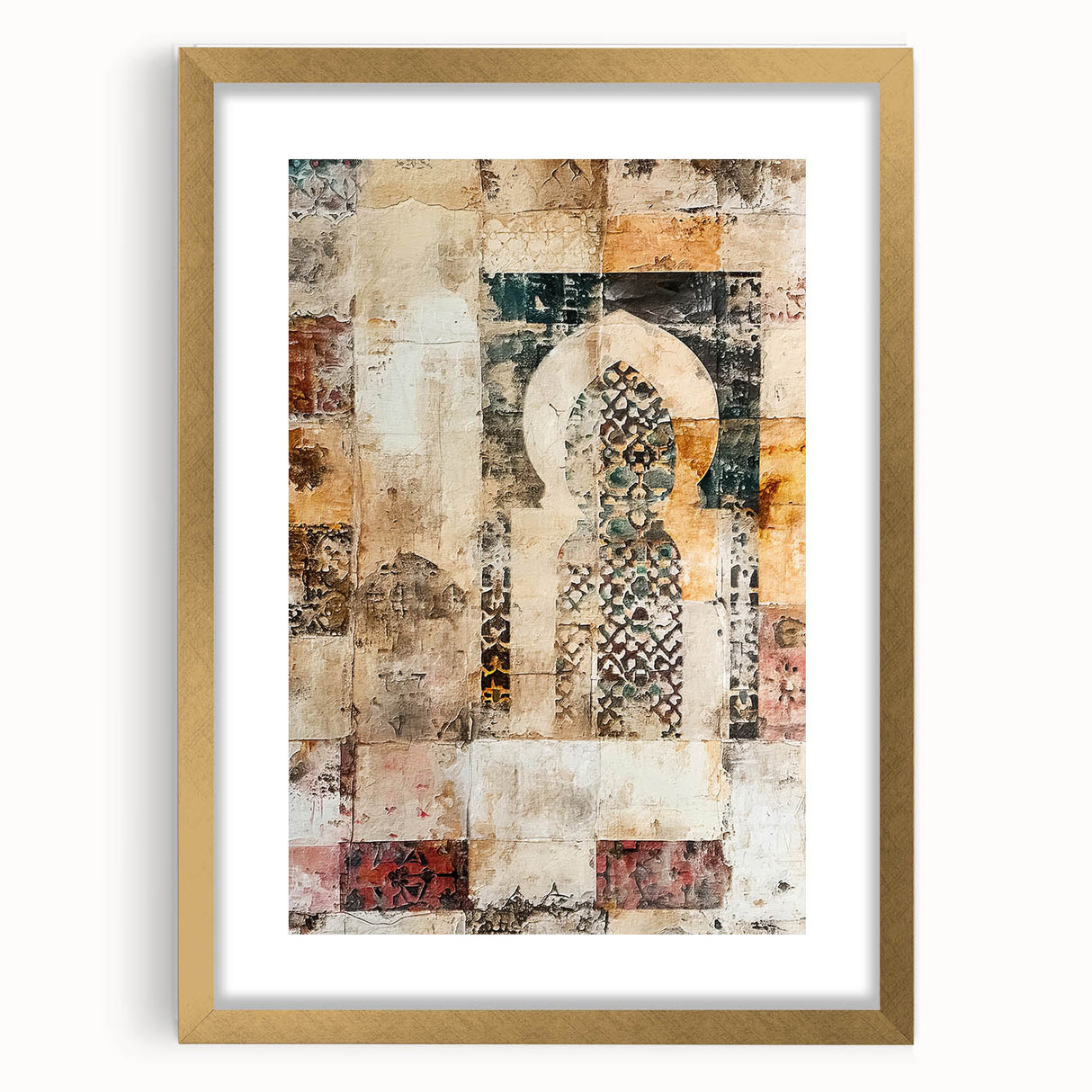 Abstract architecture wall art framed with a gold mat, showcasing geometric shapes and modern design, perfect for contemporary home decor. Ideal for adding a stylish touch to living spaces.