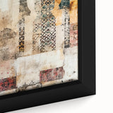 Framed canvas close-up of abstract architecture wall art, showcasing intricate geometric patterns in vibrant colors, perfect for modern home decor.