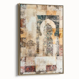 Framed canvas wall art showcasing an abstract architectural design in gold tones, highlighting modern artistic elements and a sleek profile view, ideal for contemporary decor.