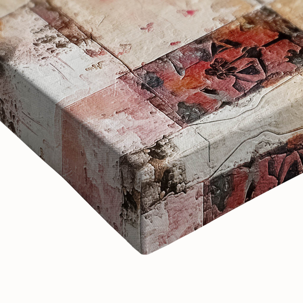 Close-up of an abstract architecture wall art piece on stretched canvas, showcasing intricate geometric patterns in vibrant colors, ideal for modern home decor.