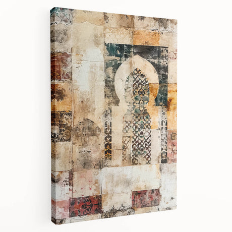 Abstract architectural wall art on stretched canvas showcasing a modern design with bold geometric shapes and vibrant colors, perfect for contemporary decor.