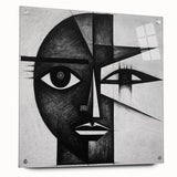 Abstract figurative wall art displayed in a side view, showcasing vibrant colors and intricate details, framed in acrylic glass with visible mounting pins.