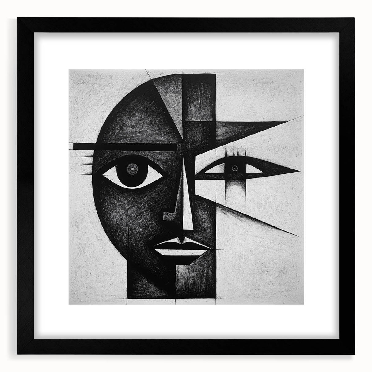 Abstract figurative wall art featuring dynamic shapes and vibrant colors, framed in black with a white mat, ideal for modern home decor and artistic spaces.
