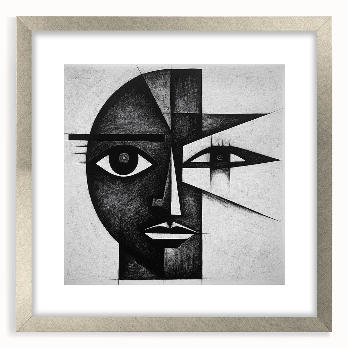 Abstract figurative wall art framed in silver with a mat, showcasing vibrant colors and dynamic shapes, perfect for modern home decor enhancement.