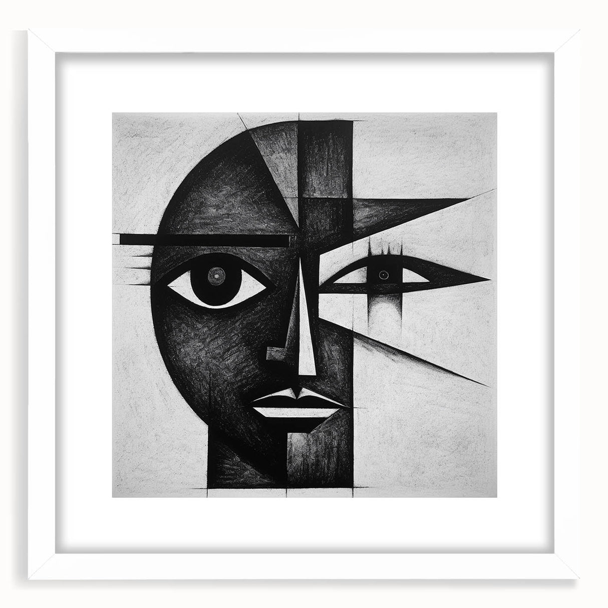 Abstract figurative wall art framed in white matting, showcasing vibrant colors and dynamic shapes, perfect for modern home decor. Ideal for art enthusiasts seeking unique wall accents.