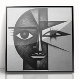 Framed abstract figurative wall art featuring bold black and white shapes, mounted in a sleek acrylic frame, ideal for modern home decor.