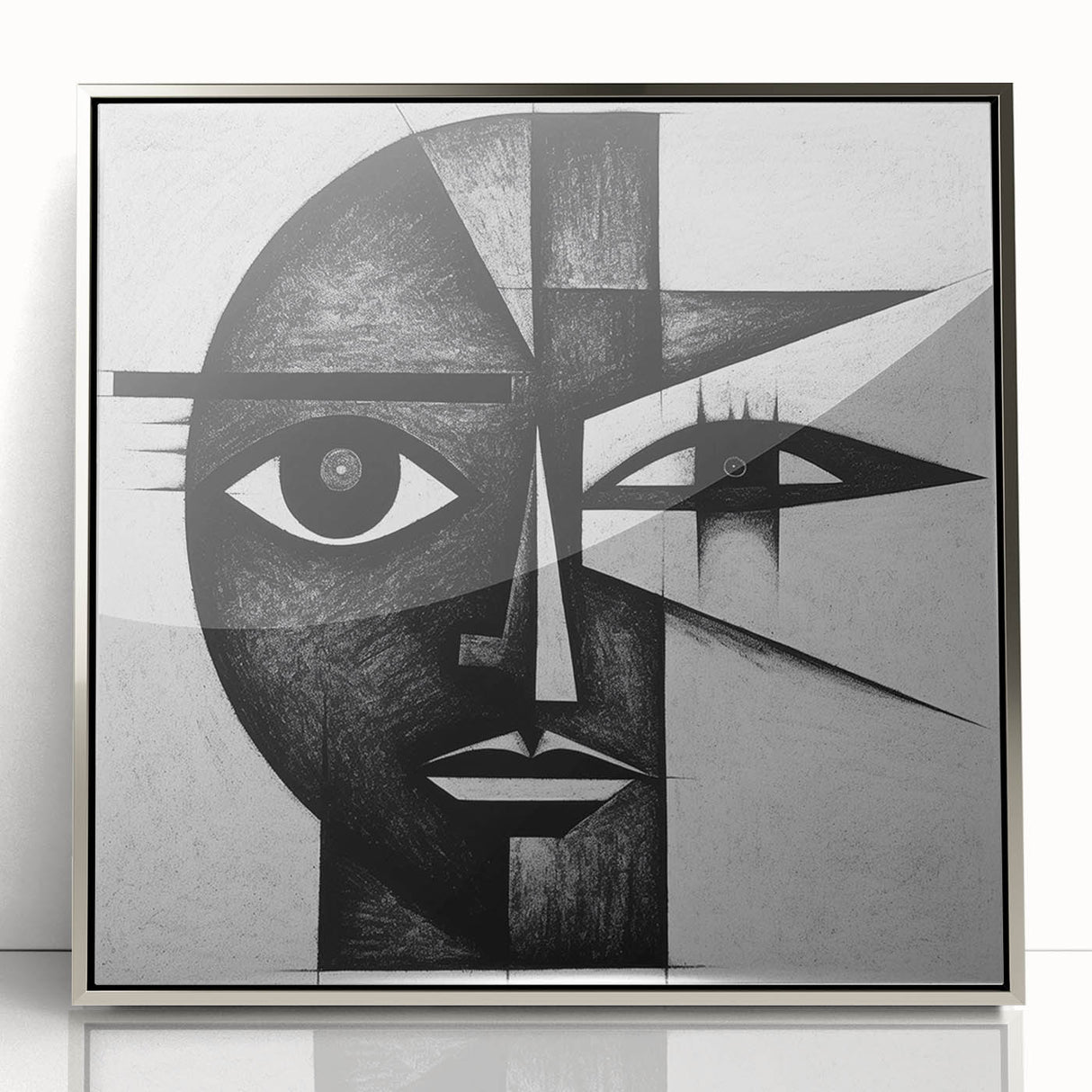 Framed abstract figurative wall art featuring a silver-acrylic finish, showcasing vibrant colors and dynamic shapes, perfect for modern home decor.