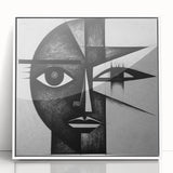 Abstract figurative wall art framed in white acrylic, showcasing vibrant colors and dynamic shapes, perfect for modern home decor and artistic expression.