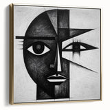 Framed abstract figurative wall art featuring a silver and gold design, showcasing modern artistic elements, perfect for contemporary home decor.