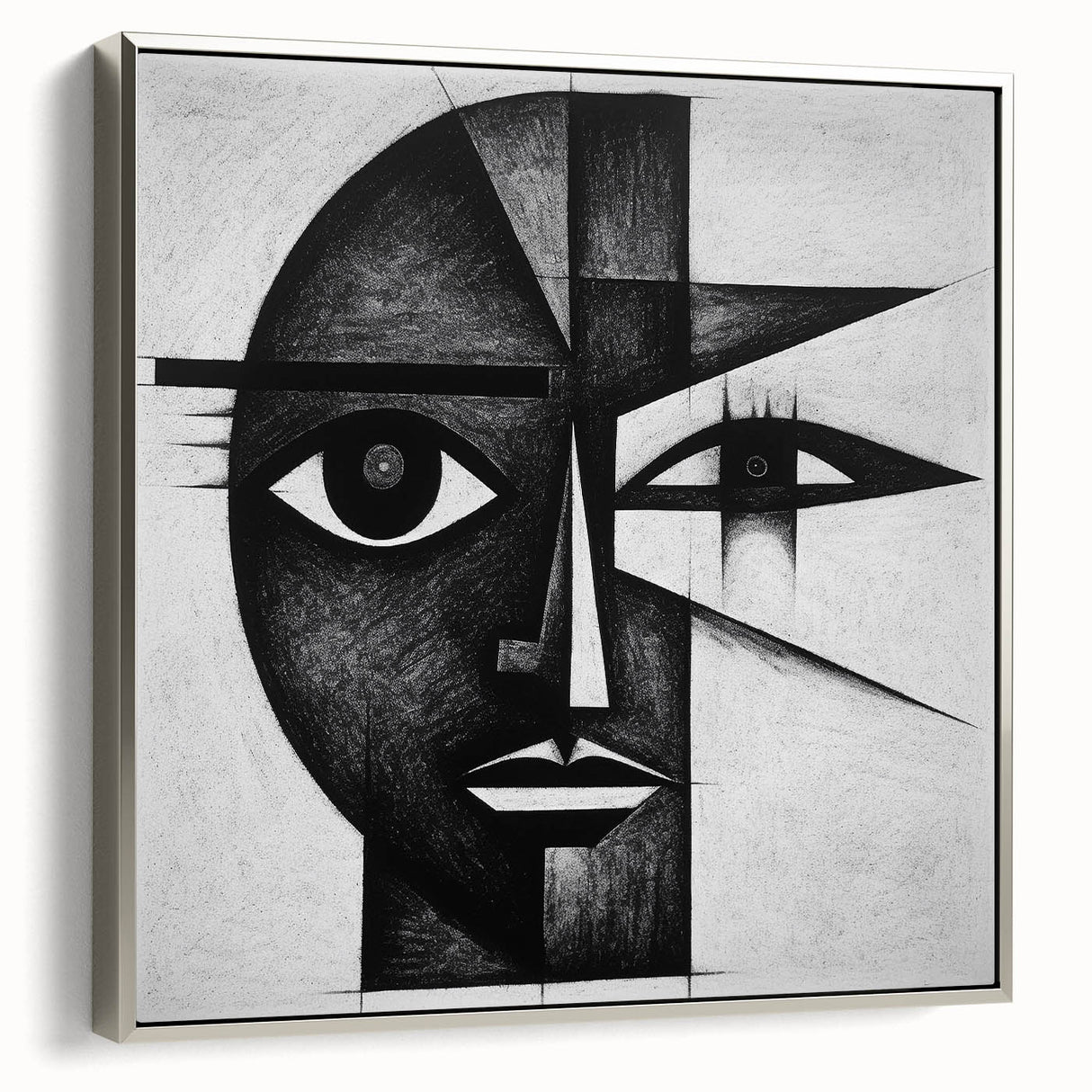 Framed abstract figurative wall art in silver, showcasing dynamic shapes and colors, presented in a stylish side view against a neutral backdrop. Ideal for modern decor.