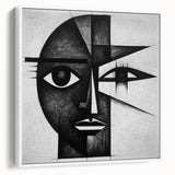 Framed abstract figurative wall art in a white setting, showcasing vibrant colors and dynamic shapes, perfect for modern home decor. The piece adds a contemporary touch to any room, emphasizing artistic expression and creativity.