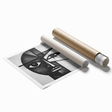 Abstract figurative wall art rolled print showcasing vibrant colors and dynamic shapes, elegantly packaged in a protective cardboard tube, ideal for modern decor.