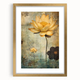 Abstract floral wall art with a gold frame and mat, showcasing vibrant colors and intricate designs, perfect for modern home decor or gallery display.