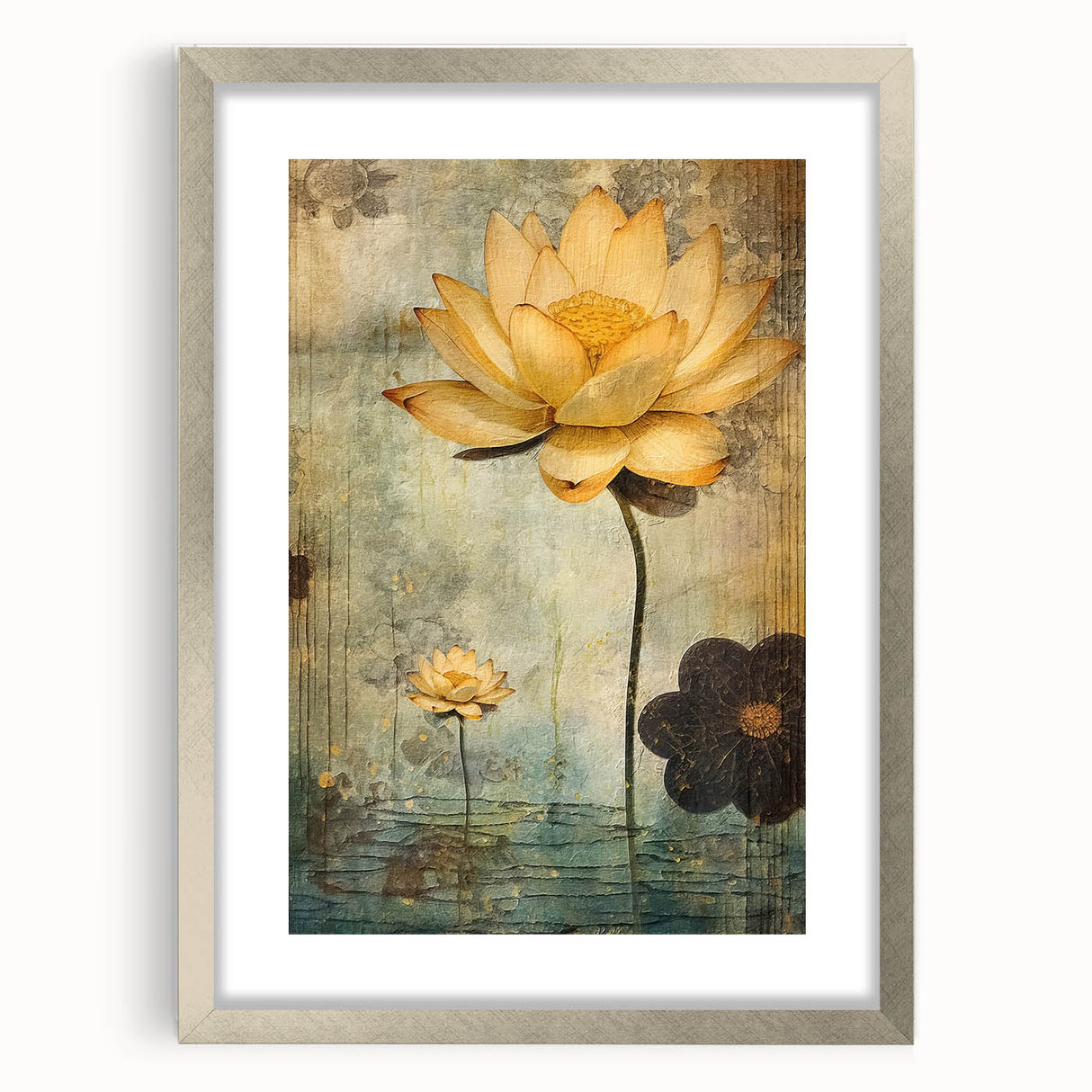 Abstract floral wall art framed with a silver mat, showcasing vibrant colors and intricate patterns, perfect for enhancing modern home decor. This elegant piece adds a touch of sophistication and artistic flair to any space.