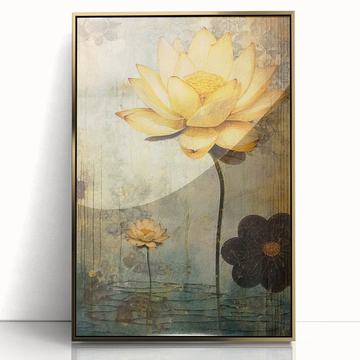 Framed abstract floral wall art featuring vibrant colors and gold accents, ideal for modern home decor, displayed in a stylish setting.