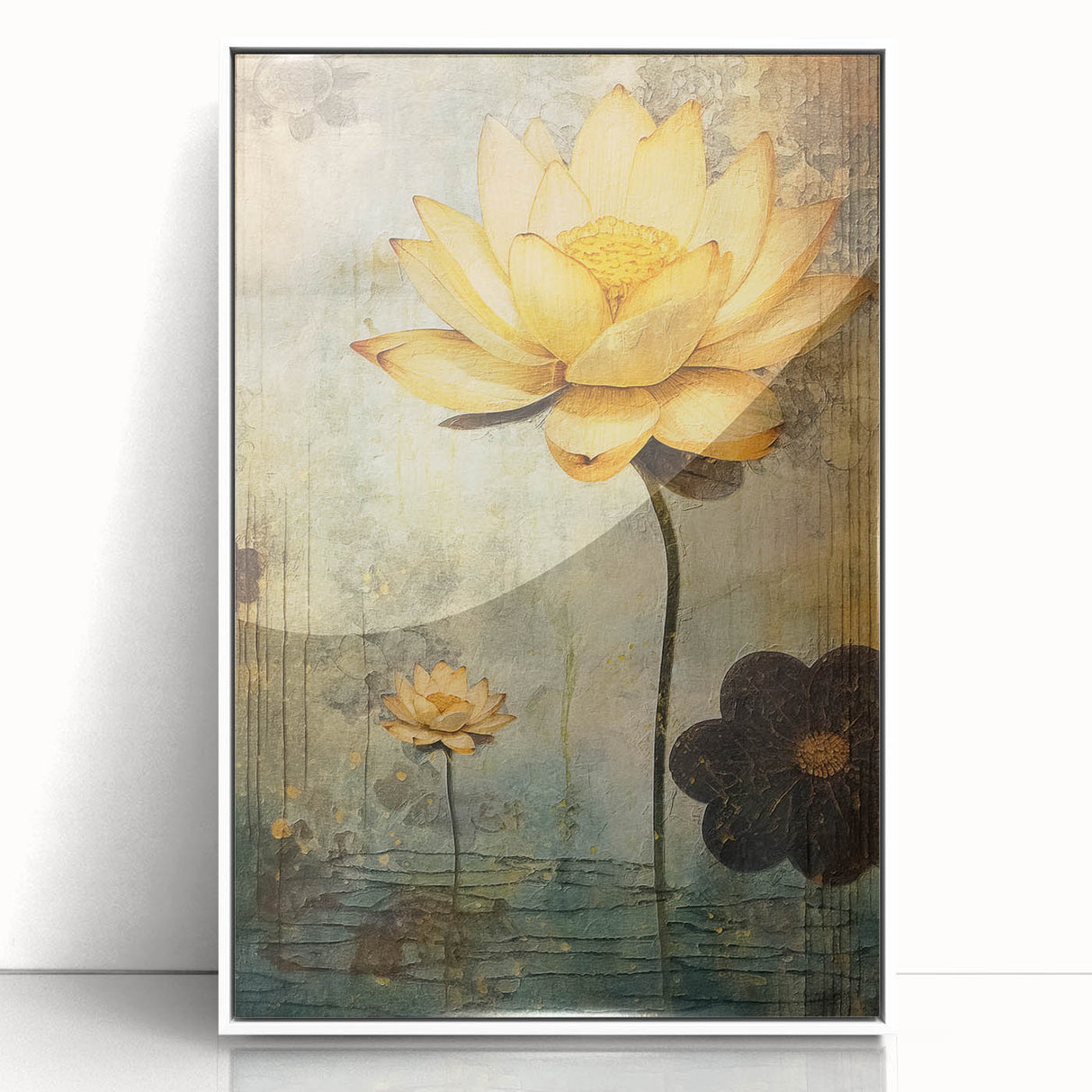Framed acrylic wall art featuring an abstract floral design with vibrant colors and intricate patterns, set against a white background, ideal for home decor.