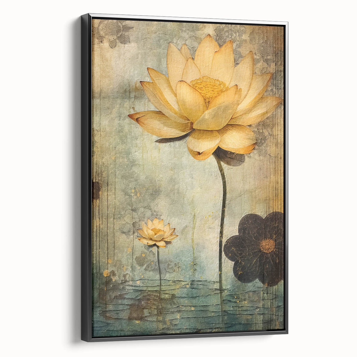 Framed abstract floral wall art on a black canvas showcasing vibrant colors and intricate designs, displayed in a modern setting, perfect for home décor.