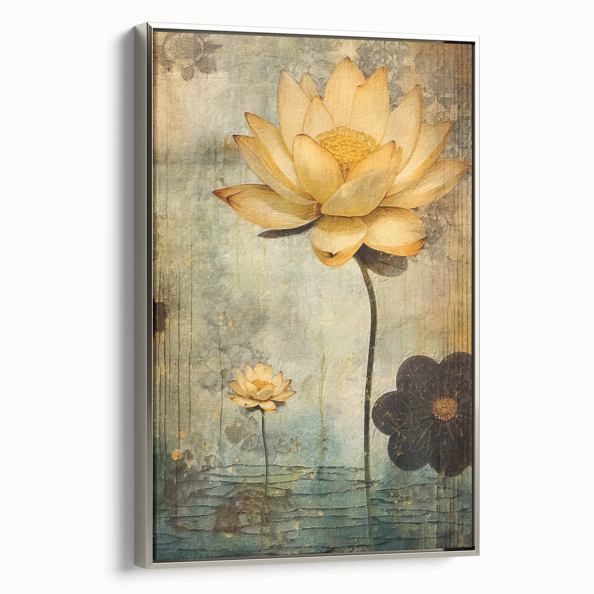 Framed wall art featuring abstract floral designs in vibrant colors, presented in a sleek silver frame, ideal for enhancing modern home decor.