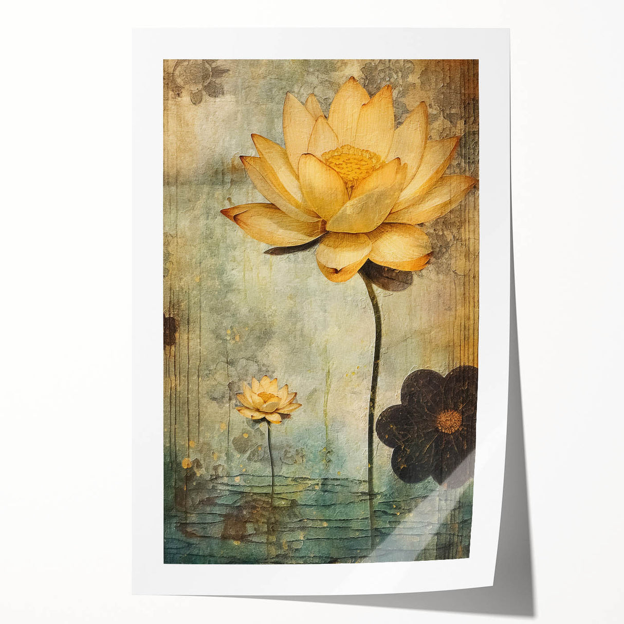Vibrant abstract floral wall art print showcasing colorful blooms in shades of pink, blue, and yellow, rolled and ready for stylish home decor.