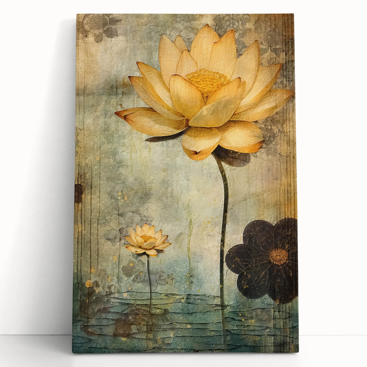 Abstract floral wall art on stretched canvas, showcasing vibrant colors and intricate designs, perfect for enhancing modern home decor. The piece leans against a neutral backdrop, emphasizing its artistic appeal and contemporary style. Ideal for those looking to elevate their living space with a touch of nature-inspired elegance.