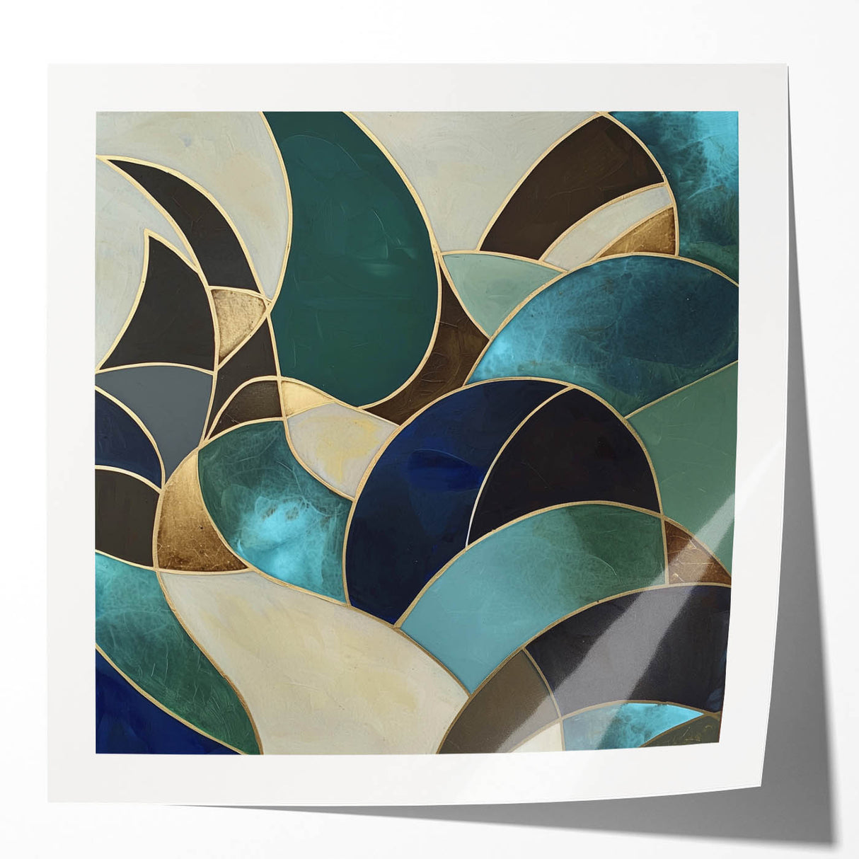 Abstract geometric photo print mockup set showcasing glossy textures and vibrant colors, ideal for modern home decor and art display inspiration.