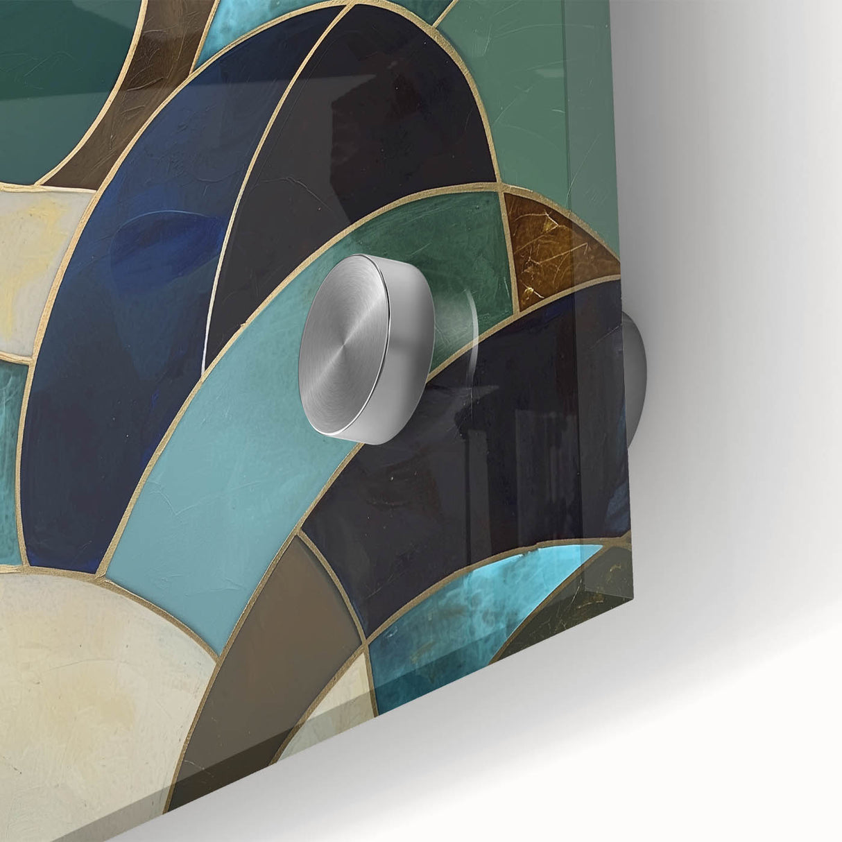 Close-up of a vibrant abstract geometric design in acrylic glass, showcasing intricate patterns in blue, yellow, and pink hues, perfect for modern decor.