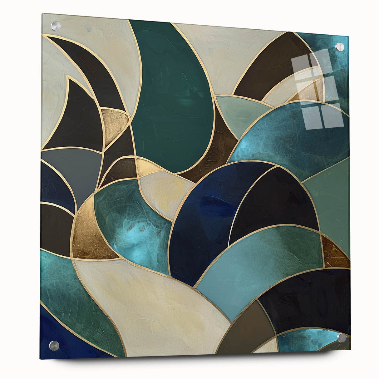 Abstract geometric acrylic glass artwork showcasing vibrant colors and sharp angles, displayed from a side view with decorative pins, ideal for modern decor.