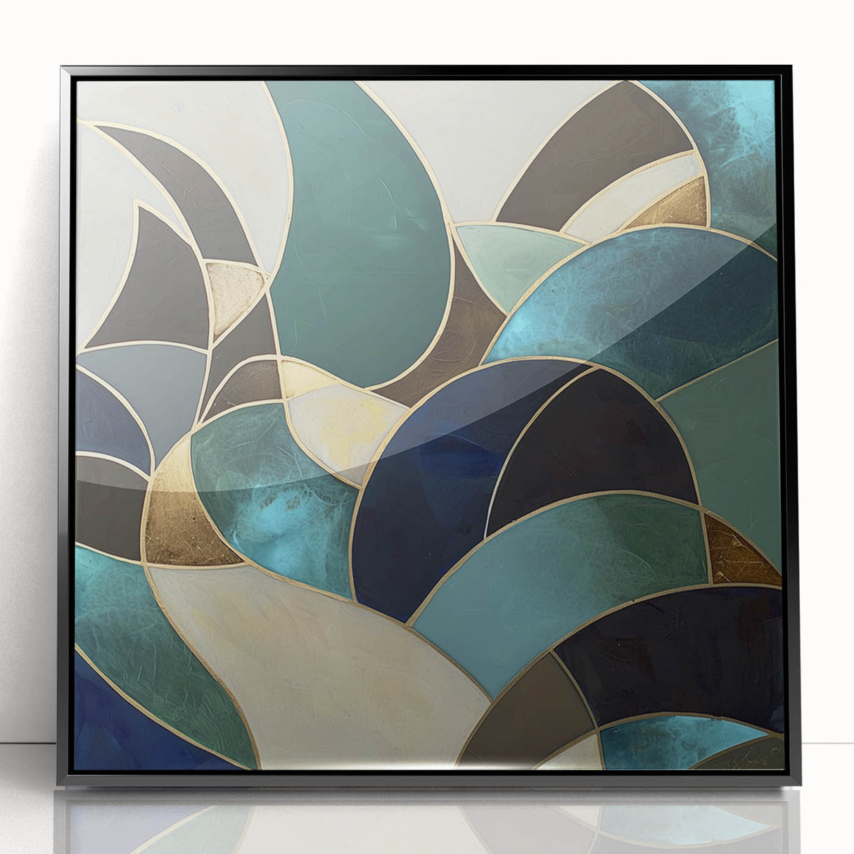 Abstract geometric framed acrylic artwork in black, showcasing sharp lines and intricate shapes, perfect for modern home decor. This striking piece adds a contemporary touch to any room, enhancing visual interest.