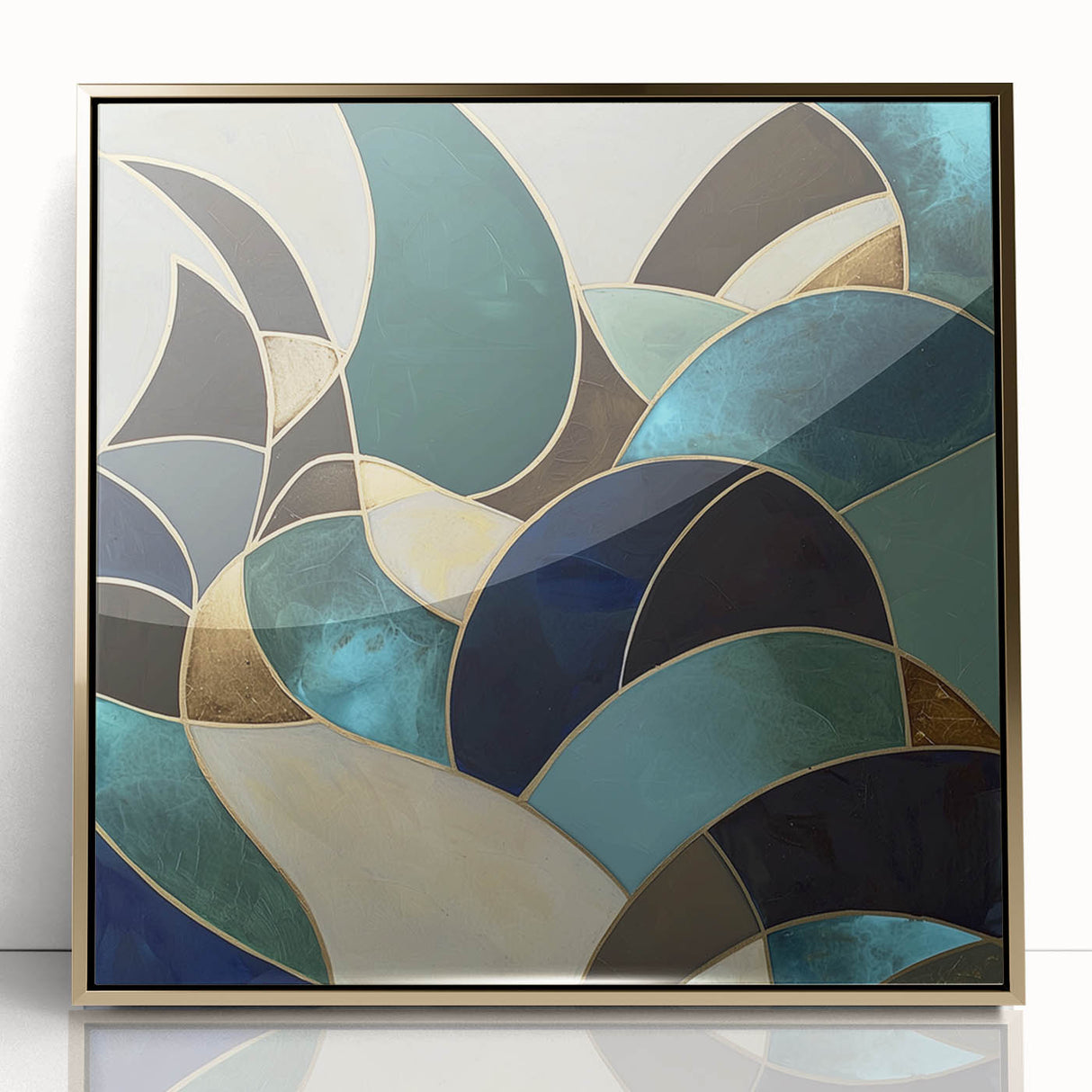 Abstract geometric artwork framed in gold, showcasing intricate patterns and shapes, perfect for modern home decor or office settings, enhancing aesthetic appeal.