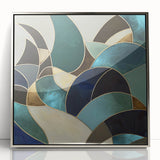 Framed acrylic artwork showcasing a sleek, abstract geometric design in silver tones, ideal for modern decor. The piece features sharp lines and shapes, enhancing contemporary interiors.