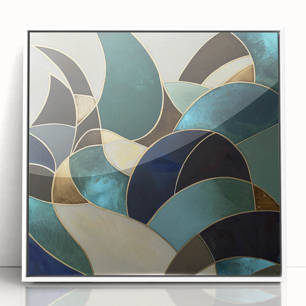 Abstract geometric framed acrylic artwork showcasing a modern design with sharp angles and a white background, perfect for contemporary home decor.