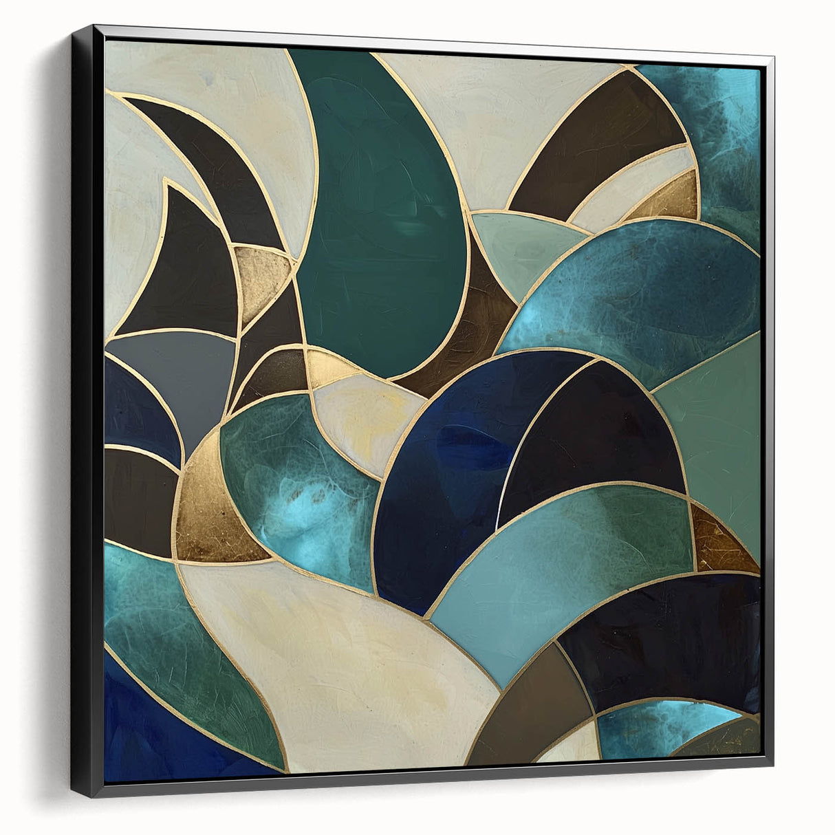 Framed abstract geometric canvas art in black, showcasing intricate shapes and patterns, ideal for modern home decor, displayed from a side view.