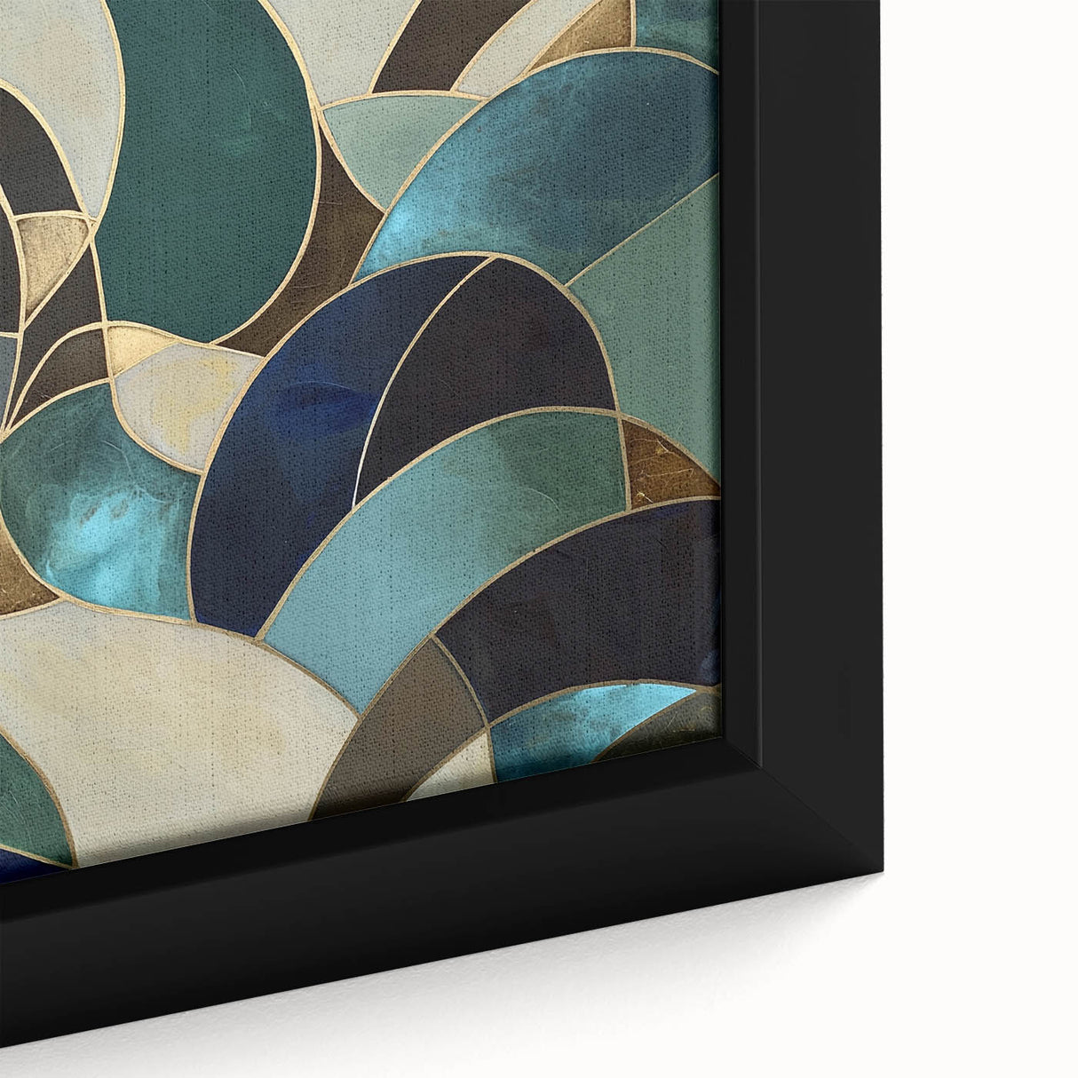 Close-up view of an abstract geometric framed canvas art piece, showcasing vibrant colors and intricate patterns, perfect for modern home decor.