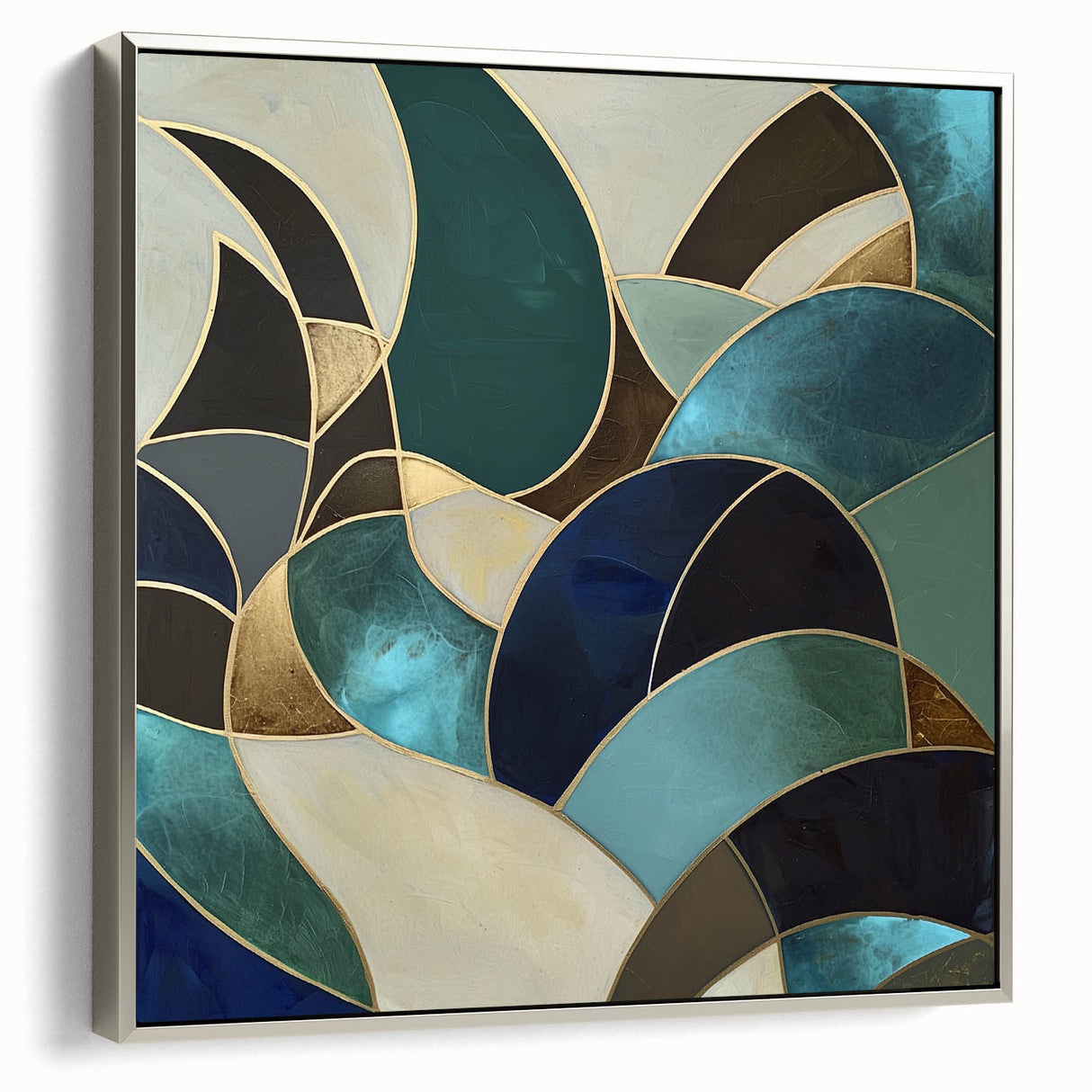 Framed abstract geometric canvas art in silver, showcasing dynamic shapes and lines, perfect for modern home decor. Ideal for enhancing contemporary interiors.