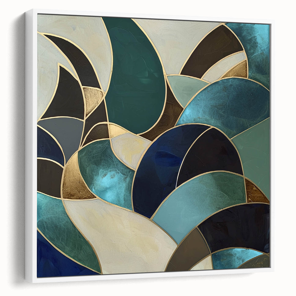 Abstract geometric framed canvas artwork showcasing a modern white design with clean lines and shapes, ideal for contemporary home decor. The side view highlights the frame's sleek profile, perfect for elevating any interior space.