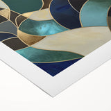 Abstract geometric art print on rolled canvas featuring vibrant colors and dynamic shapes, ideal for modern decor. Packaged securely in a cardboard tube for safe delivery.