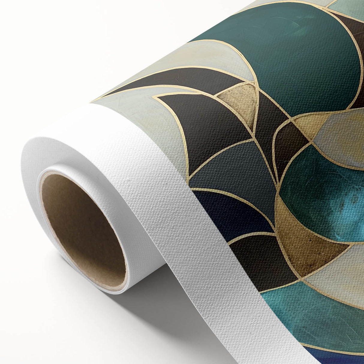 Abstract geometric rolled canvas art featuring vibrant blue, orange, and yellow patterns, designed to enhance modern home decor. Packaged securely in a sturdy tube for safe shipping.