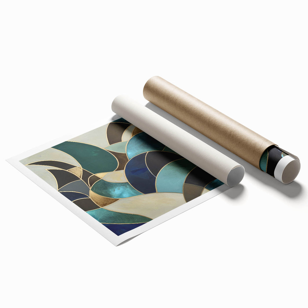 Abstract geometric rolled canvas print showcasing vibrant blue, orange, and gold patterns, elegantly packaged in a protective cardboard tube for art lovers.