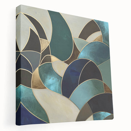 Abstract geometric art canvas with vibrant colors and intricate shapes, showcasing a modern design suitable for contemporary home decor. Ideal for living rooms or offices.