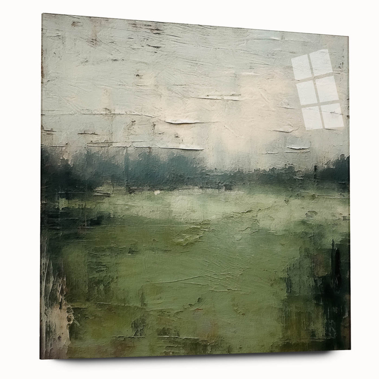 Abstract landscape wall art displayed in acrylic glass, showcasing vibrant colors and fluid shapes, perfect for modern home decor. The side view highlights the sleek design and contemporary aesthetic, ideal for enhancing any living space.