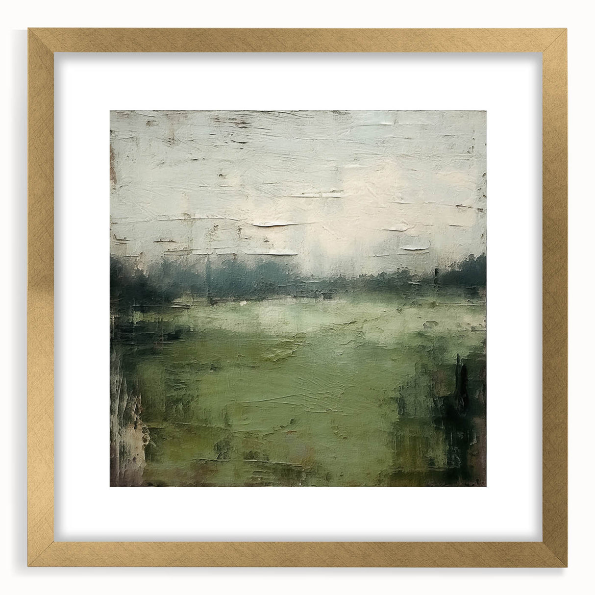 Abstract landscape wall art framed with a gold mat, showcasing vibrant colors and dynamic shapes, perfect for modern home decor. The piece adds a touch of elegance to any space.