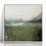 Framed acrylic wall art depicting an abstract landscape with soft pastel colors, featuring a white frame, ideal for modern interior decor. Perfect for enhancing living spaces or offices with artistic flair.