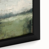 Close-up of a framed abstract landscape wall art piece showcasing vibrant colors and intricate textures, perfect for modern home decor. The canvas features a dynamic blend of blues, greens, and earth tones, adding a serene touch to any living space.