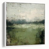 Framed abstract landscape wall art in a white frame, showcasing soft, muted colors and fluid designs, perfect for modern home decor and interior styling.