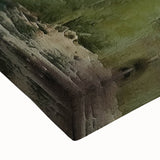 Close-up of a vibrant abstract landscape wall art piece on stretched canvas, showcasing rich colors and intricate textures, perfect for modern decor.