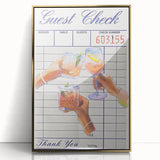 Large art print of colorful fruits and beverages, framed in gold acrylic, with a mid-century modernist style.