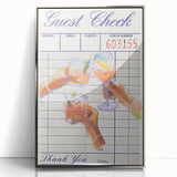 Mid-century modernist art depicting assorted fruits in vibrant colors on a silver-framed acrylic print.